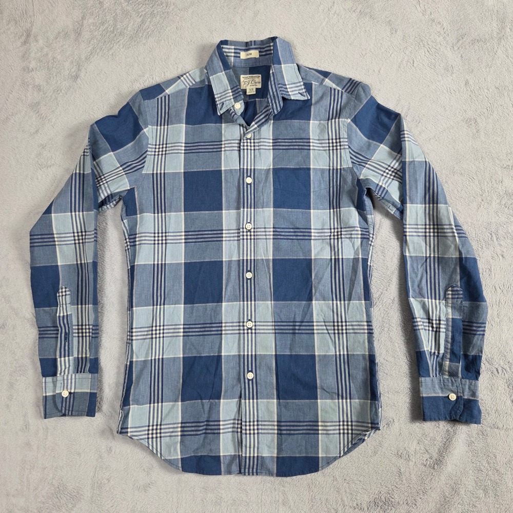 J. Crew Button Down Shirt Mens XS Blue Excellent Slim Fit Secret Wash Plaid